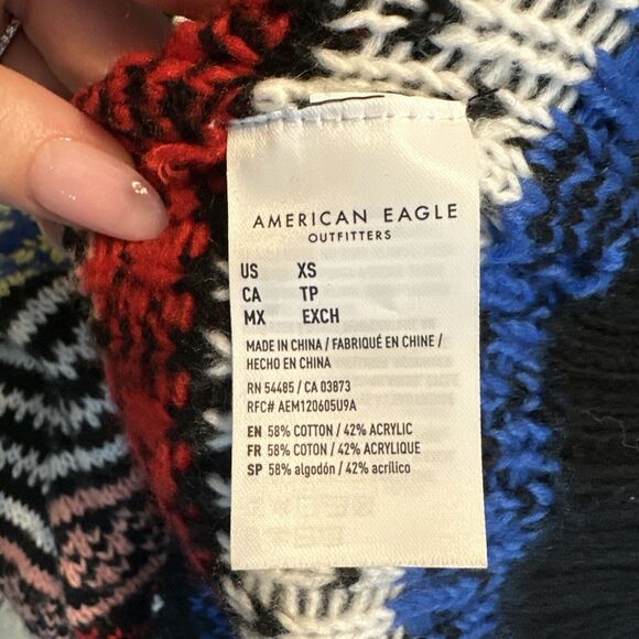 American Eagle Black Mock Neck Fair Isle Sweater Womens XS Balloon Sleeve READ - Picture 9 of 9